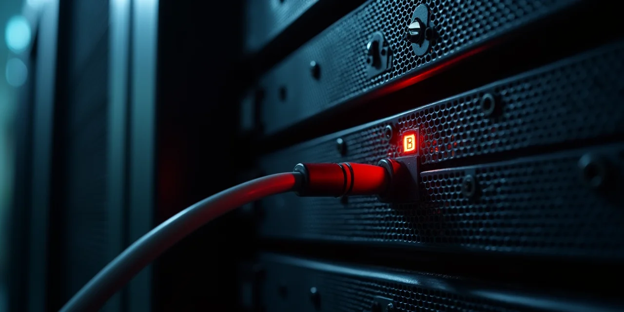 A server rack cage with broken lock and unauthorized cable glowing red, dim emergency lighting