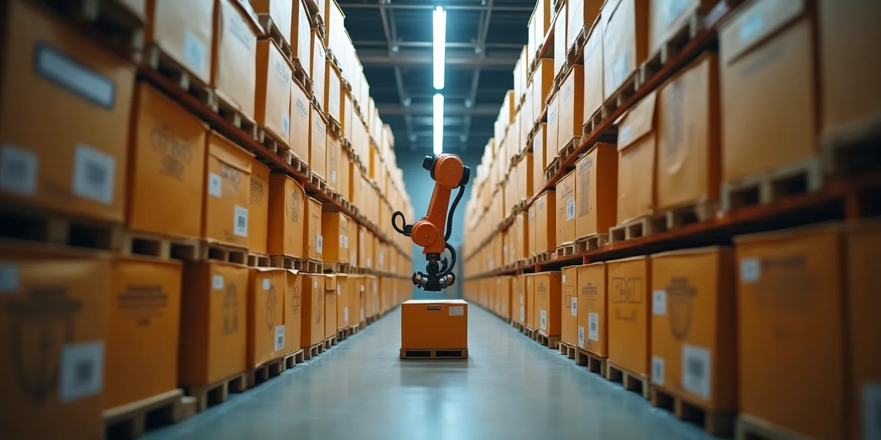 A massive wall of identical product boxes in a warehouse with a robotic arm rapidly pulling one specific box from the...