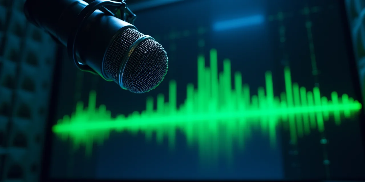 A studio condenser microphone suspended above a scrolling green LED waveform display showing real-time audio amplitude