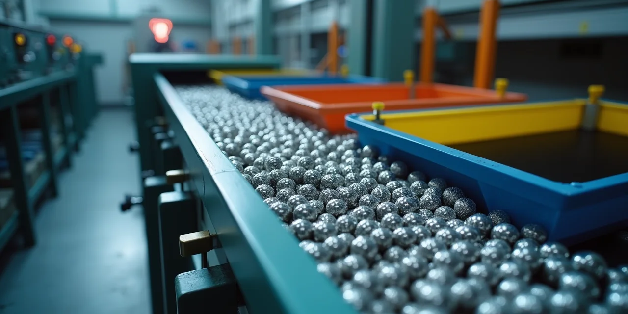 A conveyor belt carrying identical metal spheres through a sorting machine that diverts them into three different col...