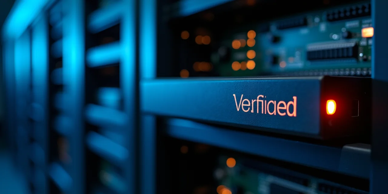 A hardware security module with amber verification LED, cold blue data center lighting
