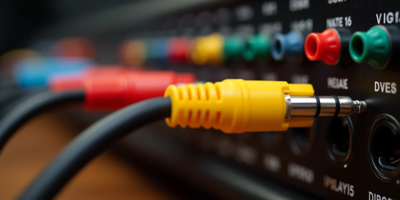 A row of color-coded audio jack cables plugged into a patch panel with each cable routed to a different labeled outpu...