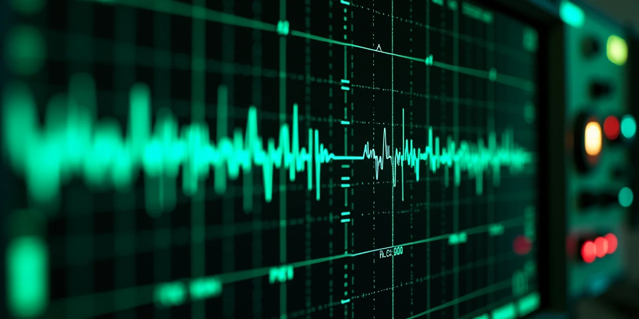 An oscilloscope displaying clean and perturbed audio waveforms, green phosphor glow in a dark lab