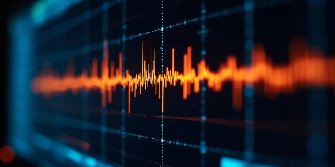 A spectrogram visualization glowing on an oscilloscope screen with bright orange and yellow frequency bands against a...