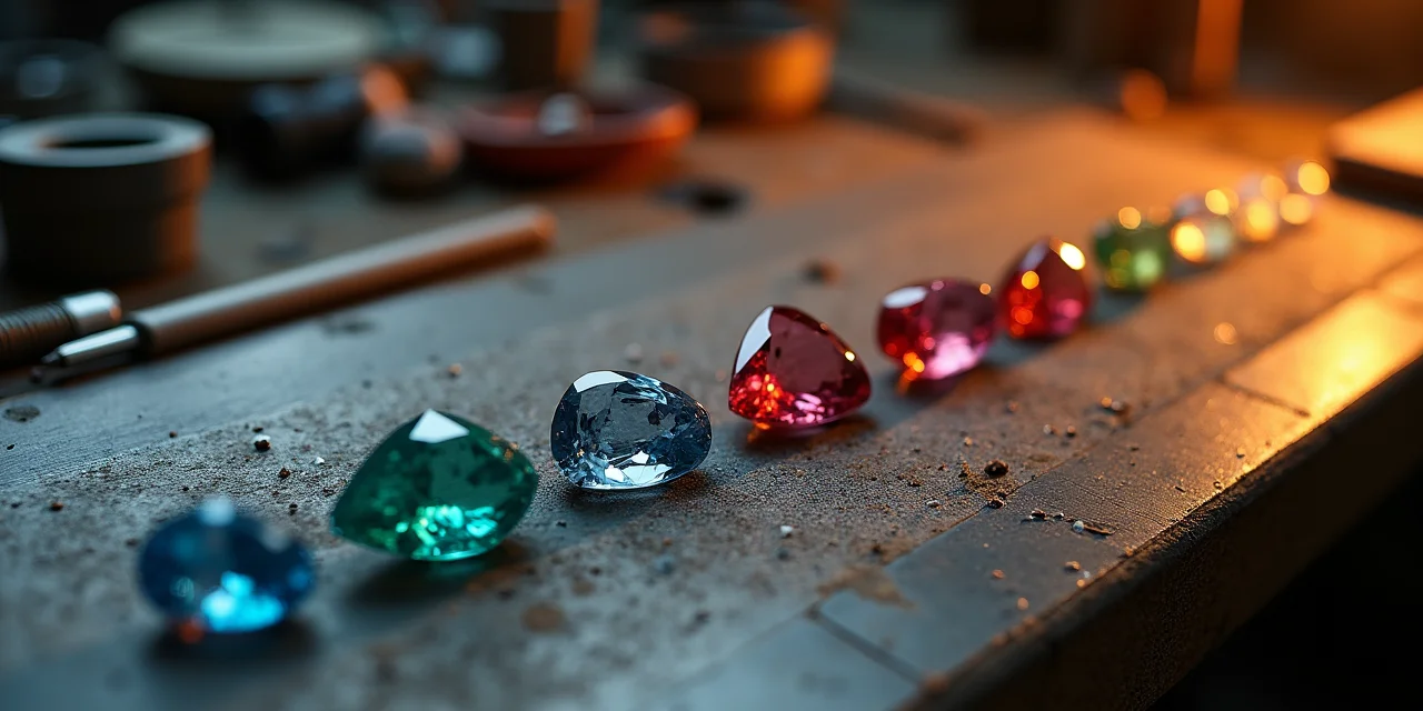 Raw uncut gemstones on one end of a jeweler's workbench being progressively cut and polished into faceted gems at the...