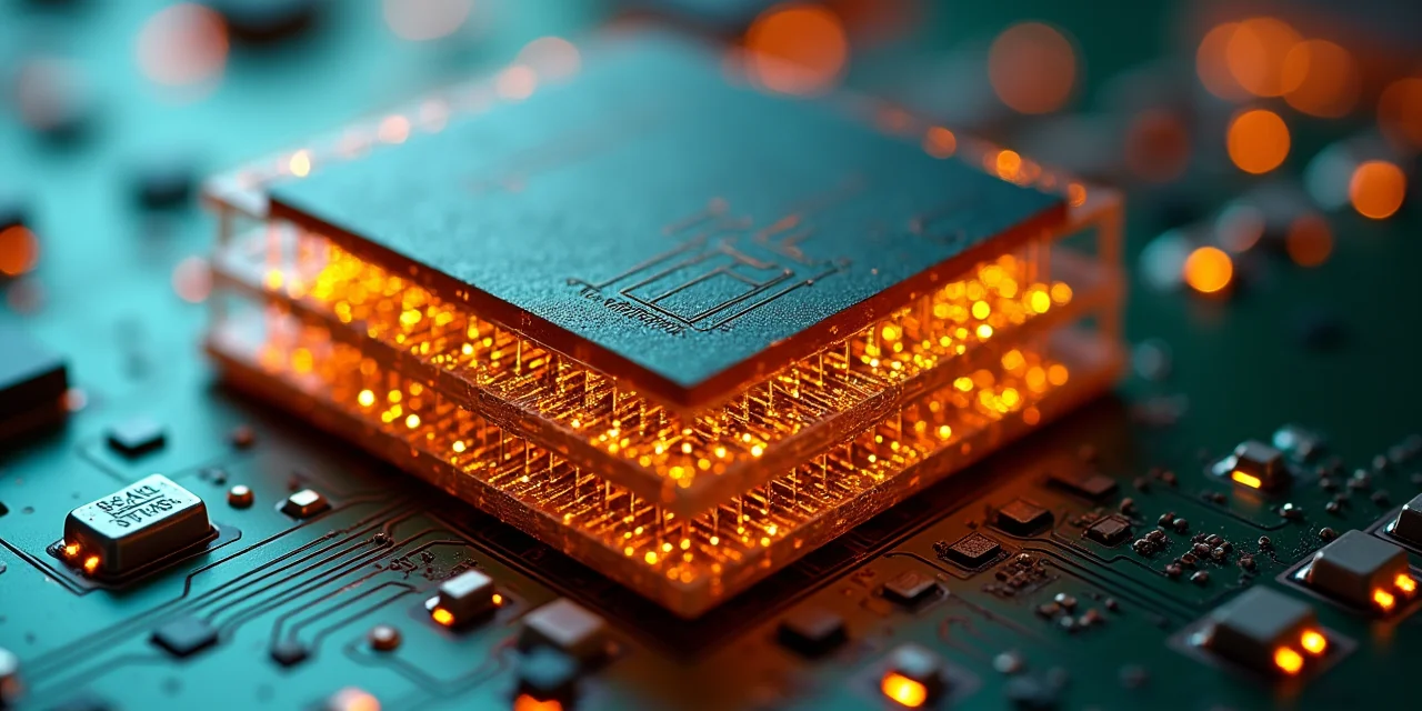 Cross-section of a multi-layer printed circuit board showing five distinct copper trace layers under microscope illumination