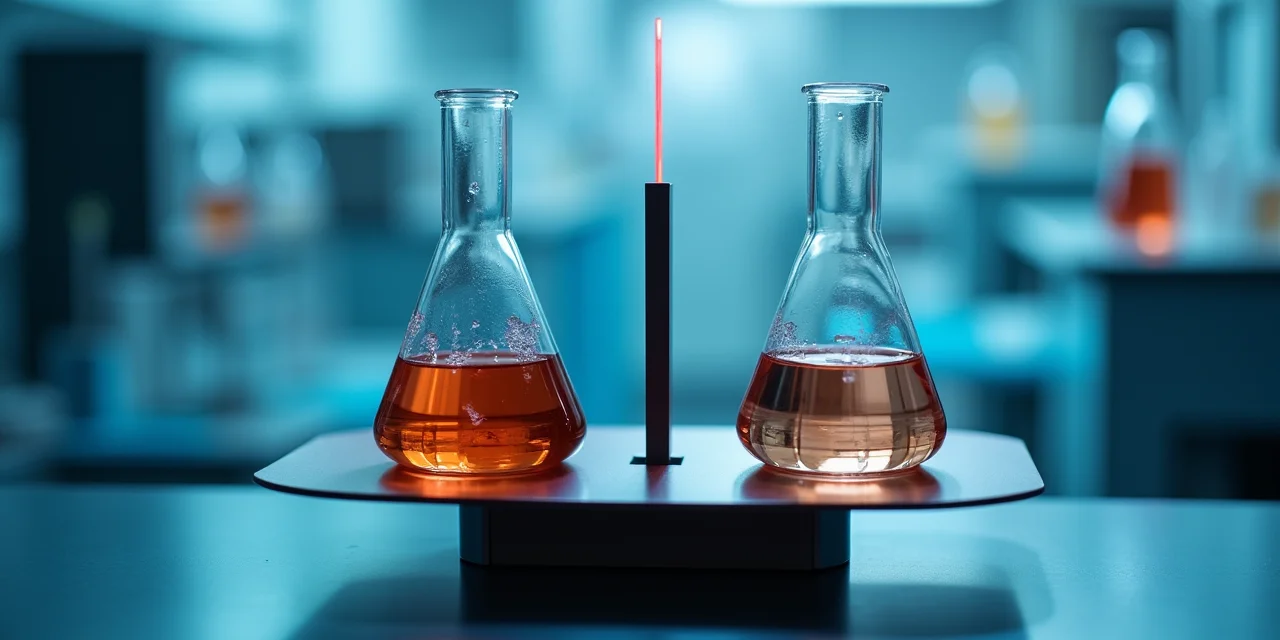 A precision laboratory balance scale with two identical flasks containing slightly different colored liquids