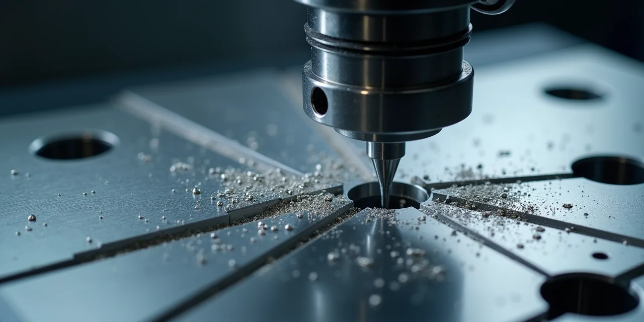 CNC milling machine carving a precise channel into brushed aluminum with metal chips curling away