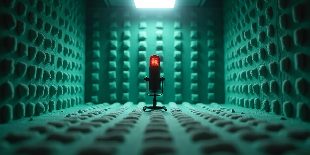 A single precision condenser microphone in an anechoic chamber with its indicator LED switching from red to green