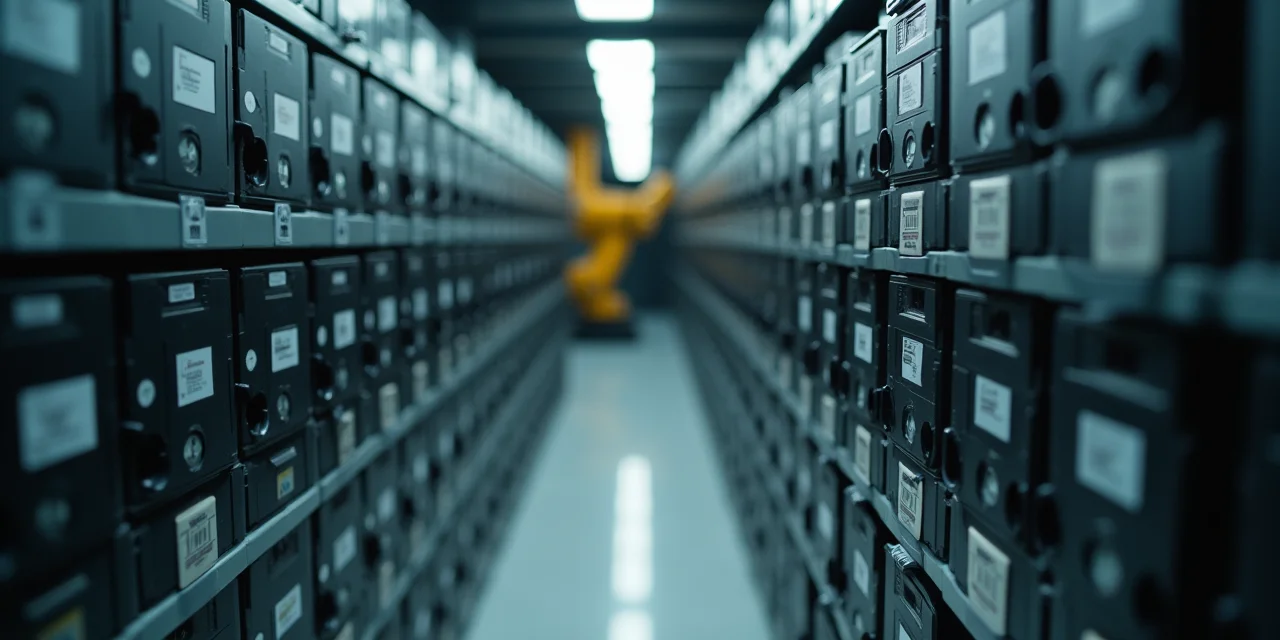 A robotic arm in an automated tape library reaching for a discolored cartridge among identical ones