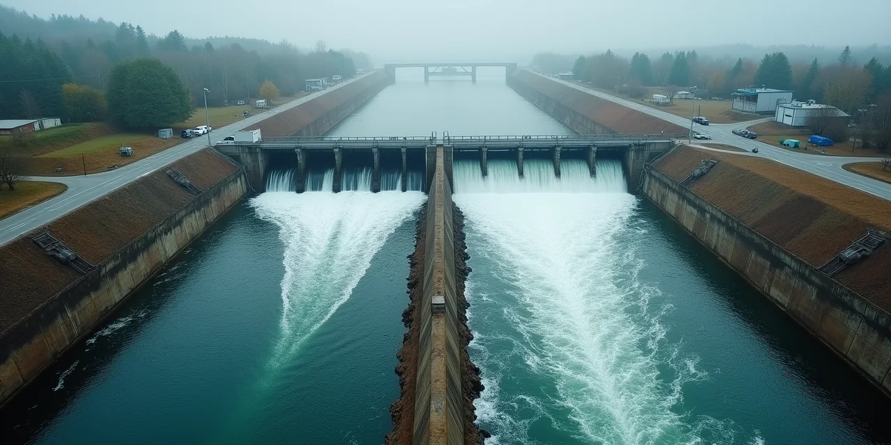 Two parallel water channels — one a wide slow-moving river and one a narrow high-pressure jet — both feeding into the...