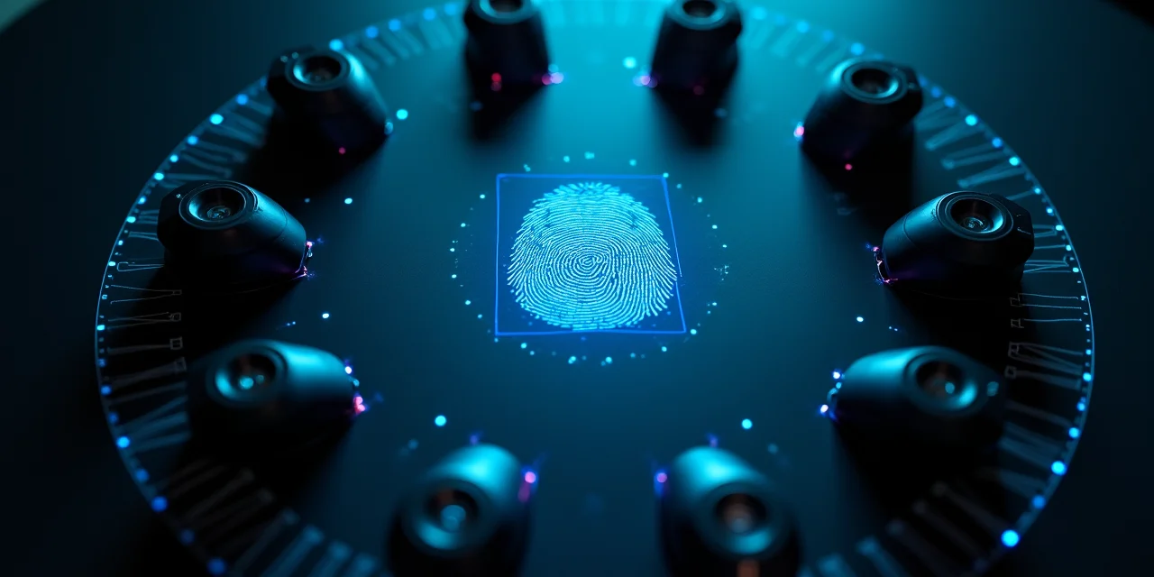 A circular array of biometric scanners arranged on a matte black surface with one scanner projecting a unique blue vo...