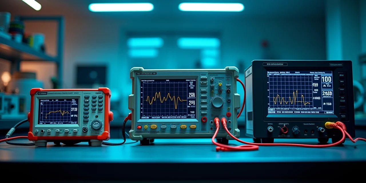 Three test instruments of increasing complexity on a laboratory bench, from multimeter to automated test rack