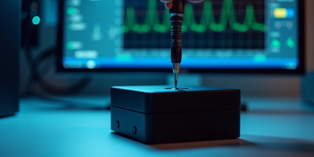 A precision measurement probe touching a sealed black enclosure on a laboratory bench