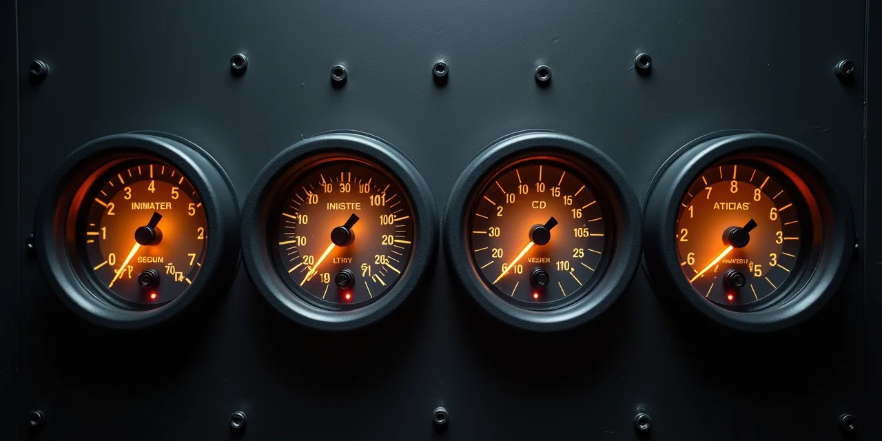 A precision dial gauge cluster showing four different measurement instruments arranged in a diamond pattern