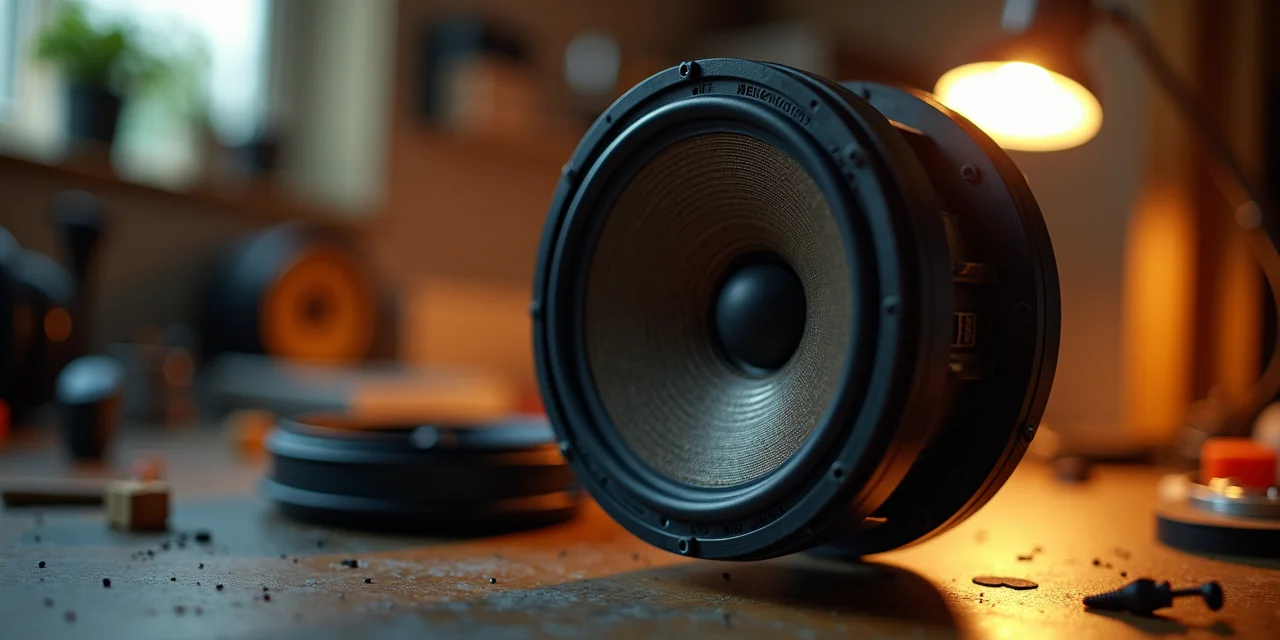 A precision ribbon speaker driver with visible diaphragm vibrations captured in motion