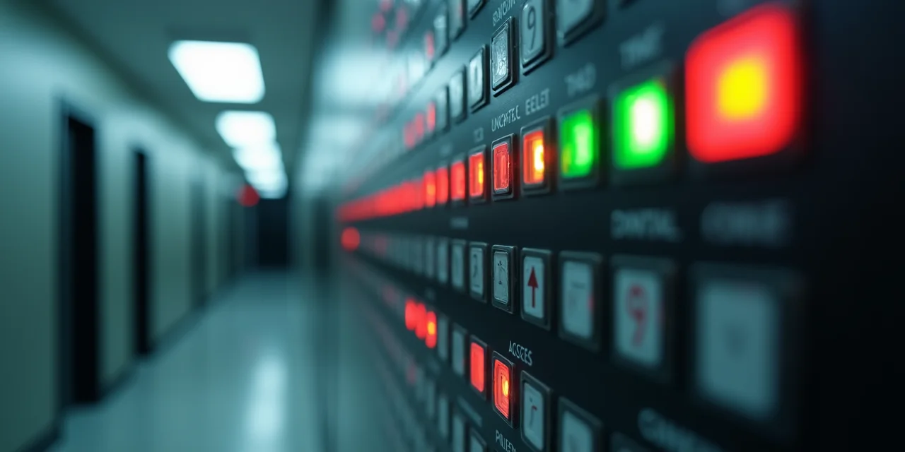 An access control panel with multiple zones showing red unauthorized access alerts