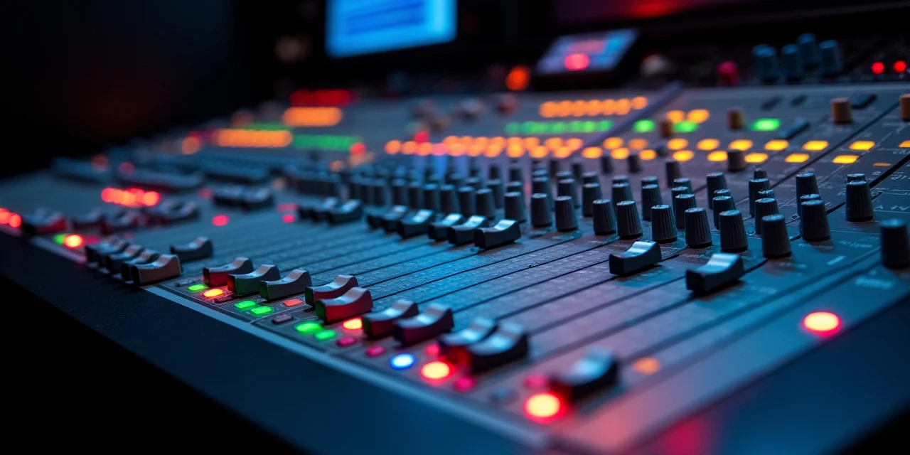 An analog audio mixing console with rows of faders and EQ knobs