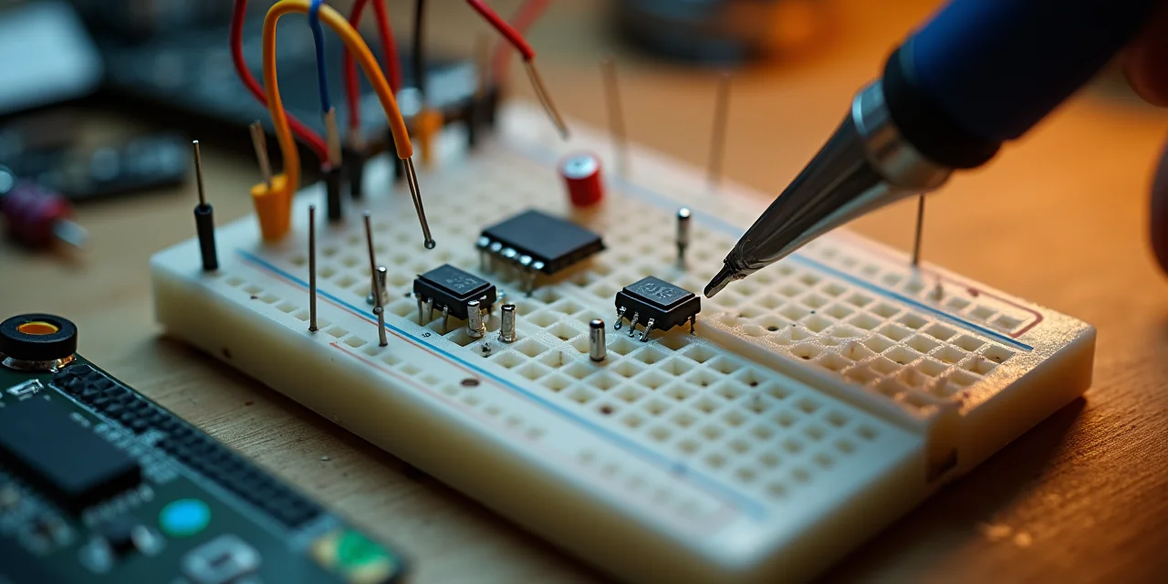 Breadboard with electronic components being assembled, IC chip seated in socket, jumper wires forming a circuit