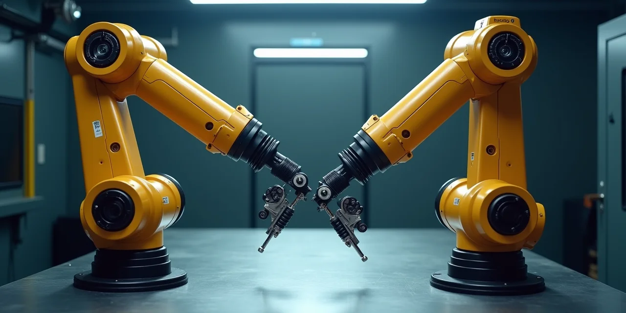 Two identical robotic arms facing each other, each probing the other's joints on a test bench