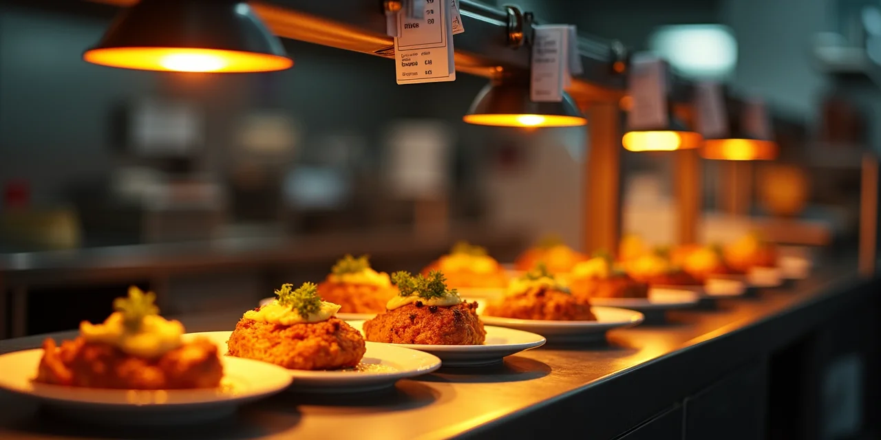 A restaurant kitchen pass with heat lamps glowing amber over a row of plated dishes