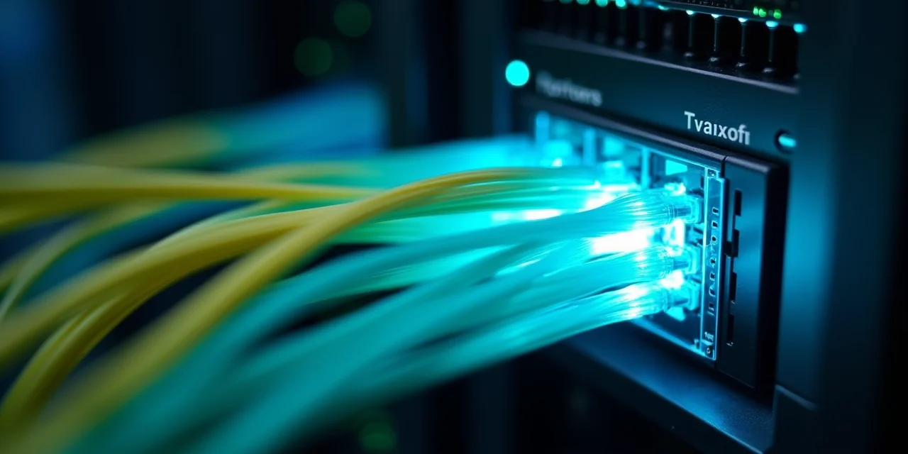 Bundled fiber optic cables carrying visible pulses of light through a transparent junction box where streams merge an...