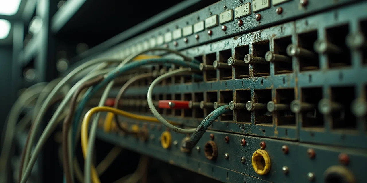 A vintage telephone patch panel with cables in disarray and one cable misrouted
