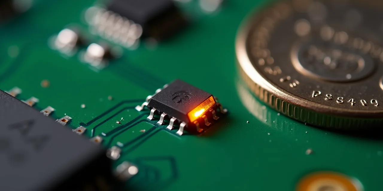 A tiny MEMS microphone chip on a green PCB board next to a coin for scale