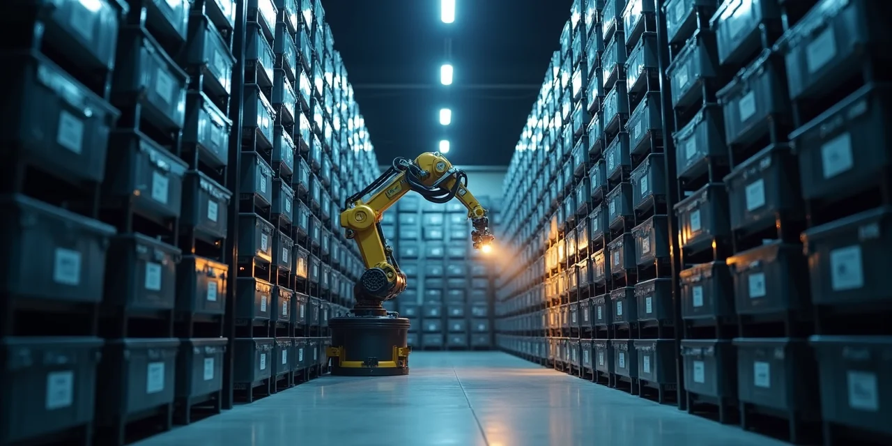 Automated warehouse robot selecting one specific storage bin from a vast wall grid of identical bins