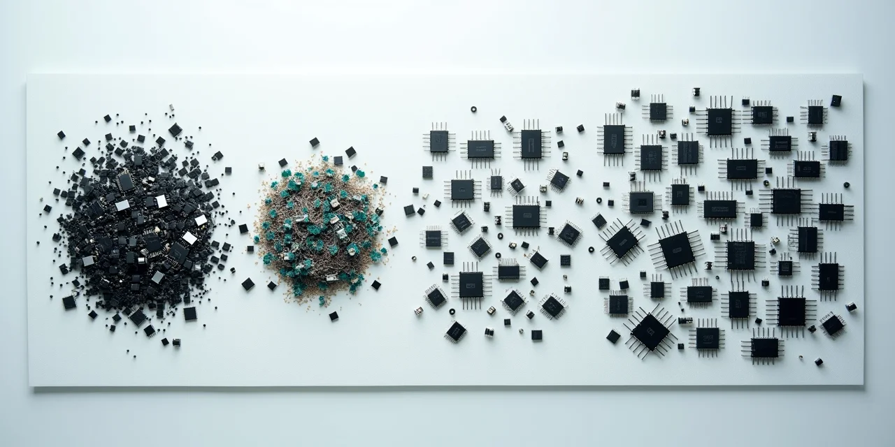 Electronic components progressing from scattered chaos to organized grid on an anti-static mat