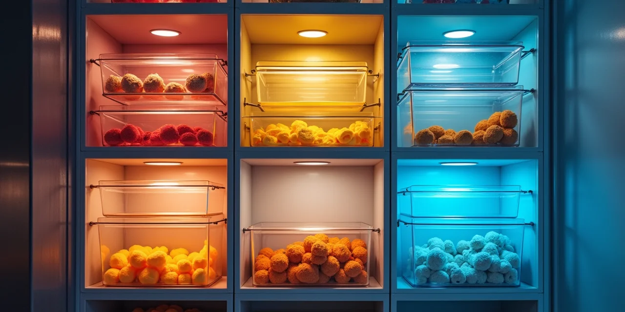 A three-tier shelf of transparent containers — top shelf with small fast-access jars