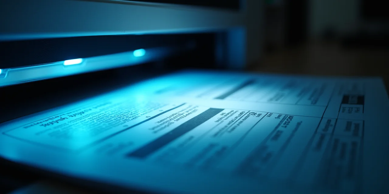 High-speed document scanner feeder with papers being fed through an illuminated scanning slot