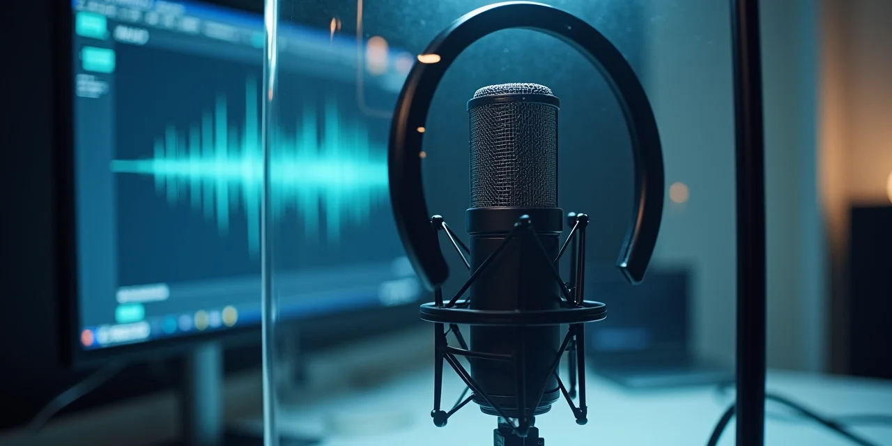 A noise-canceling microphone array behind a transparent acoustic shield with clean waveform patterns visible on a mon...