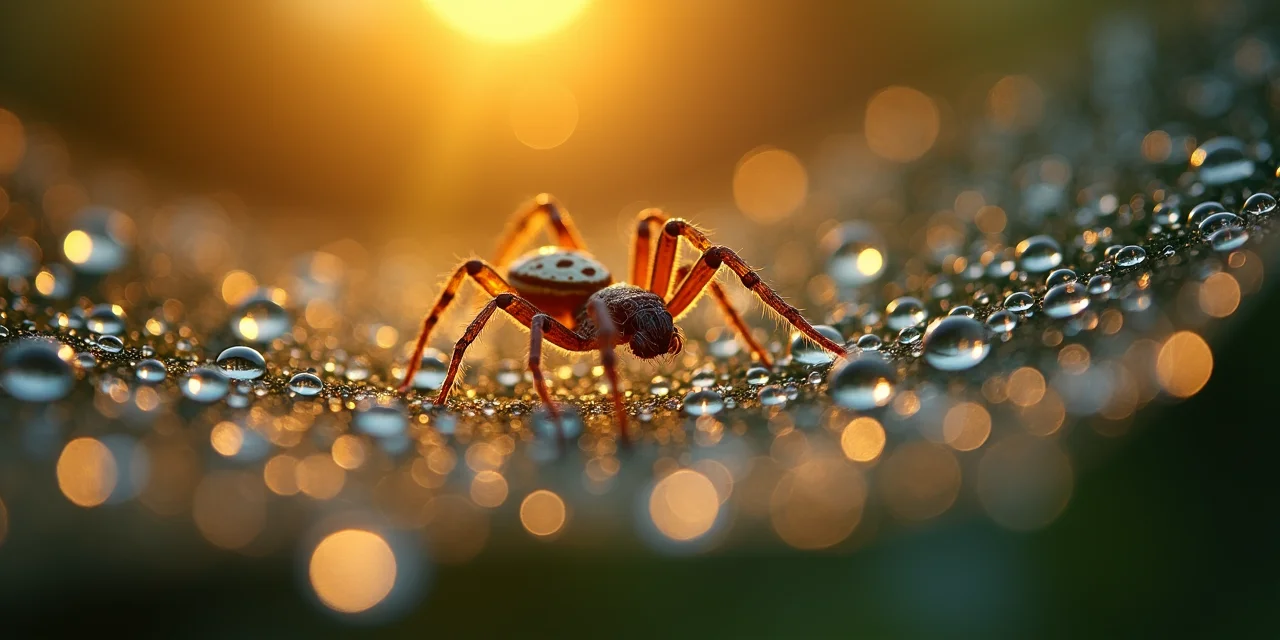 A spider web covered in morning dew drops