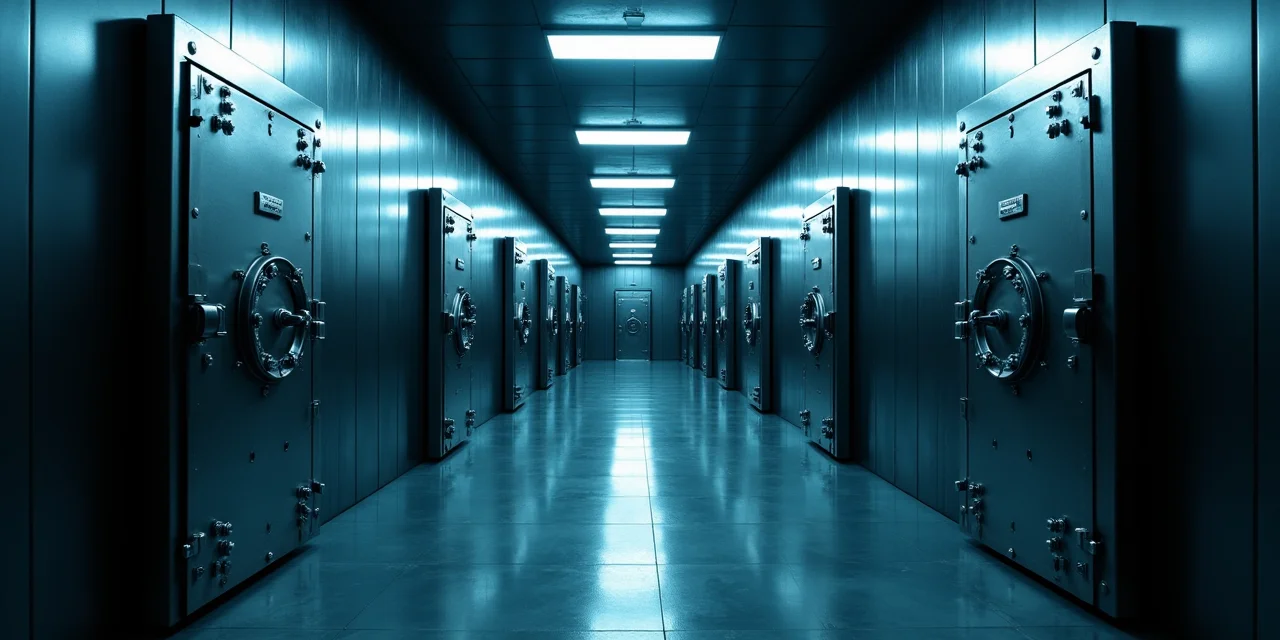 A corridor perspective of three progressively heavier steel vault doors in sequence