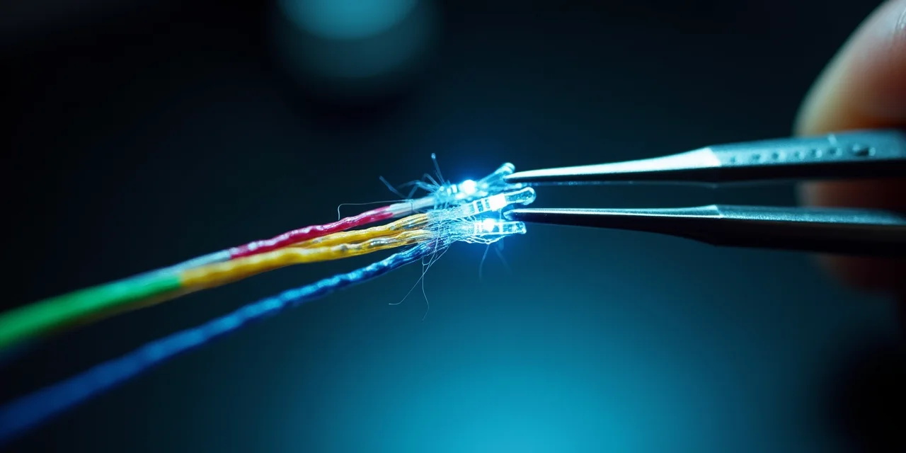 Three intertwined fiber optic cables in different colors being carefully separated by precision tweezers into individ...