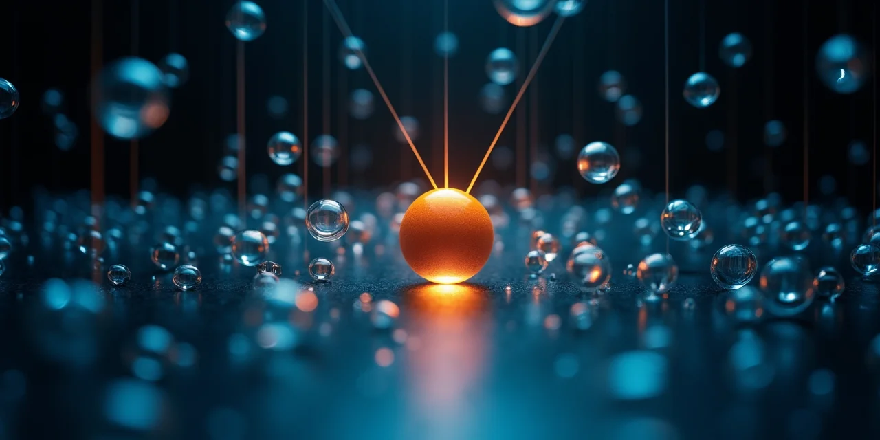 Glass spheres suspended on fine wires with one glowing bright amber and neighbors dimming with distance