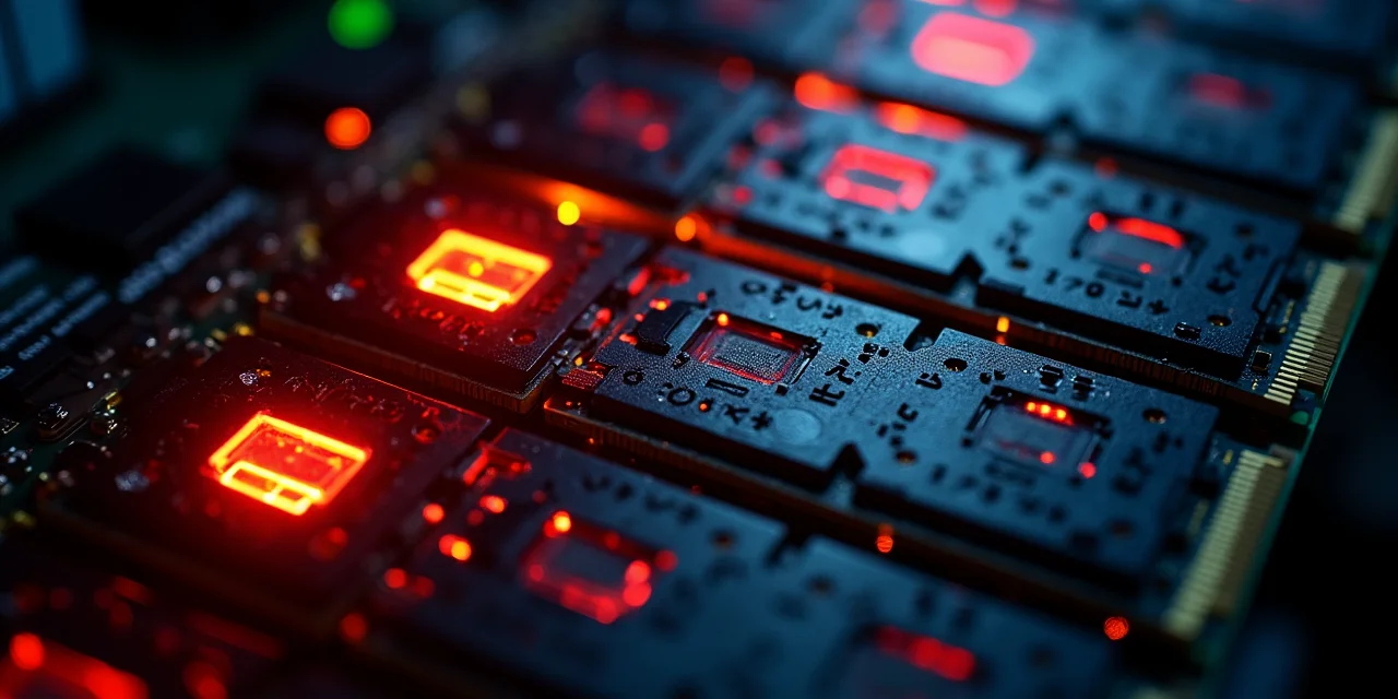 Server memory DIMM slots with endpoint modules glowing active and center slots dark and inactive