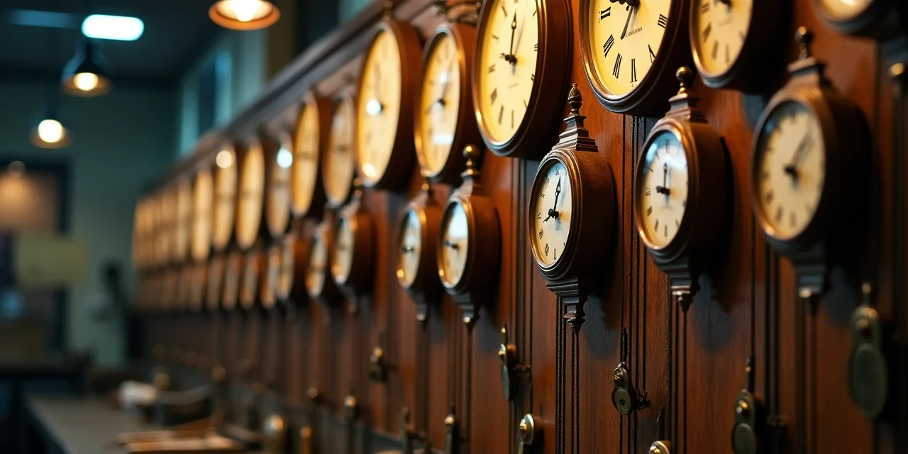 A clock repair workshop with dozens of synchronized pendulum clocks on a wall