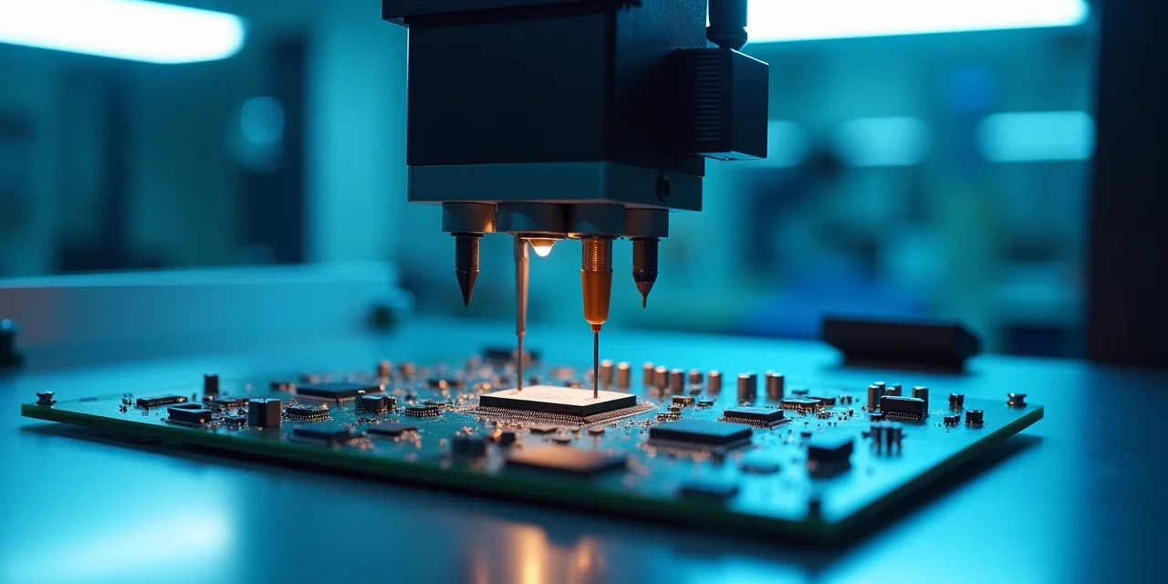 A compliance testing fixture clamping a circuit board with measurement probes