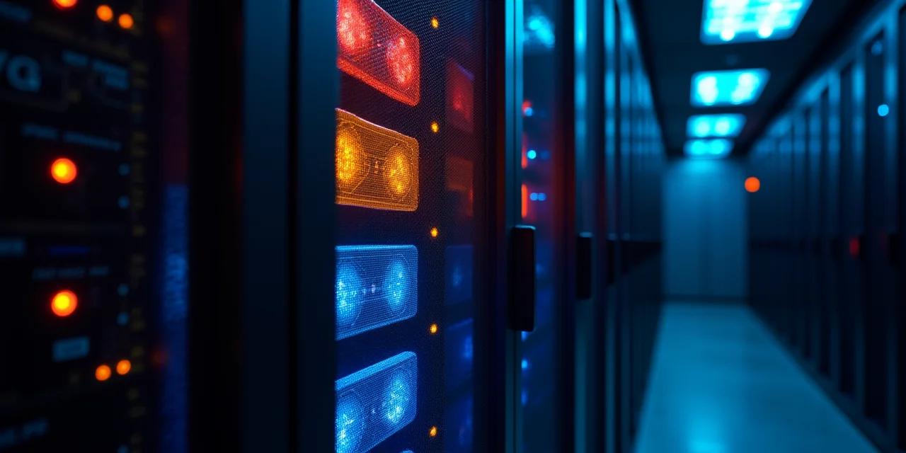 A server rack with GPU cards at varying temperatures visible through thermal imaging