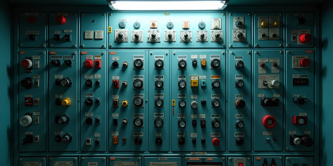 An industrial control panel with every switch and breaker in the active position