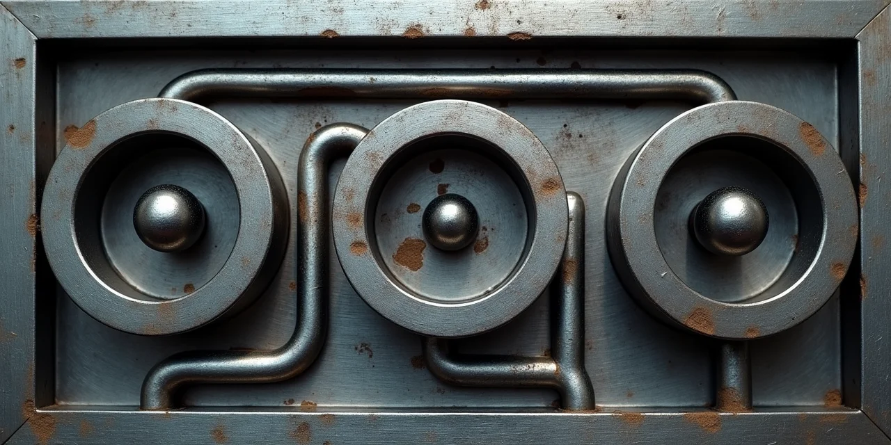 Metal ball-bearing maze puzzle with three path attempts visible as polished wear tracks