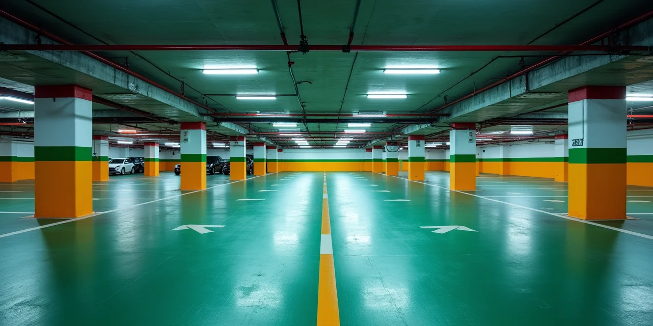 A parking garage with color-coded reserved spaces