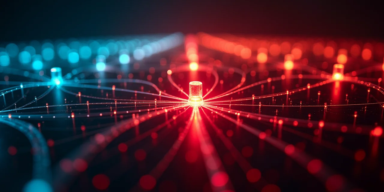 Fiber optic network nodes with a central red node causing a cascade of color changes outward