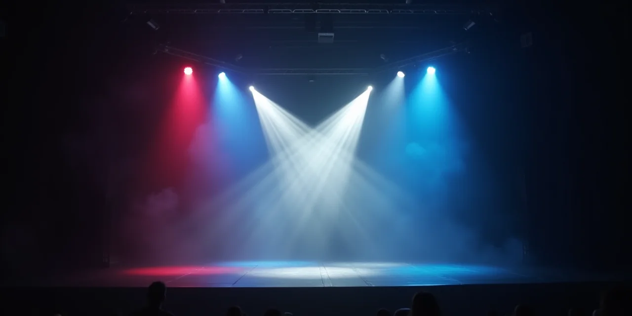 Five different colored spotlights converging on a single point on a dark stage creating a bright white combined beam ...