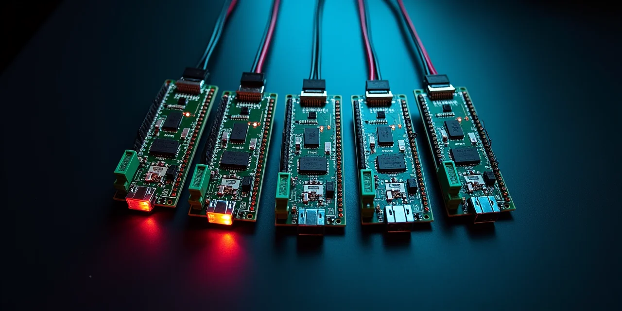 Five identical circuit boards arranged in a fan pattern converging at a single output connector