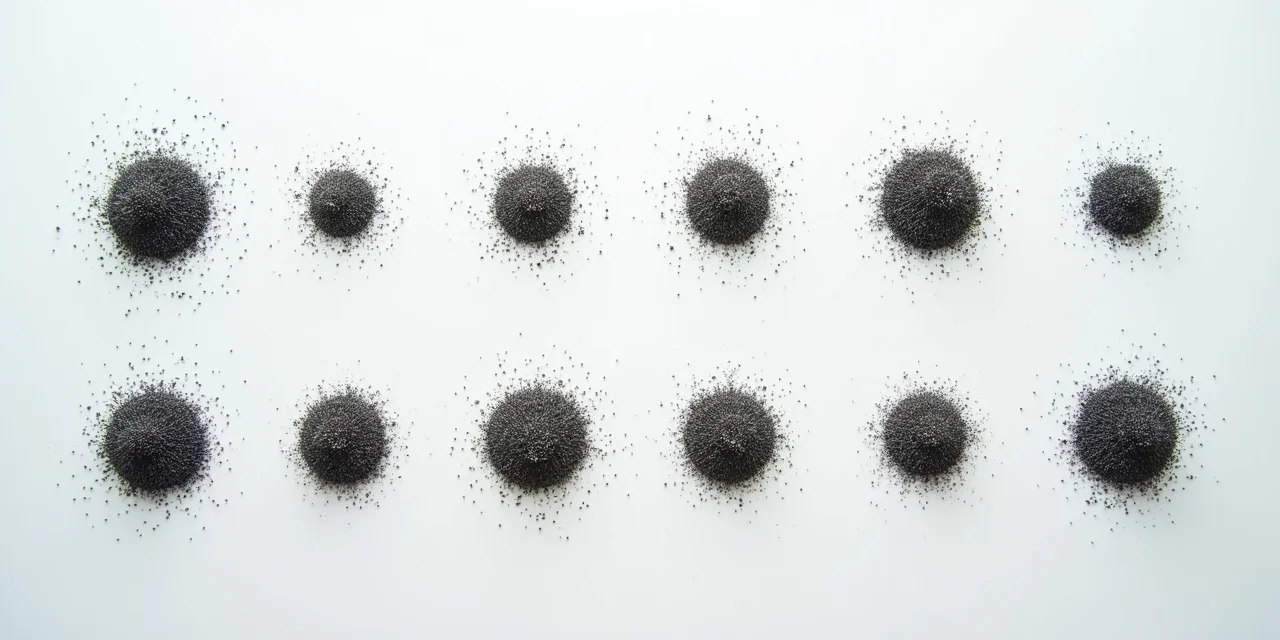 Iron filings on a white surface organized into distinct clusters by hidden magnets beneath