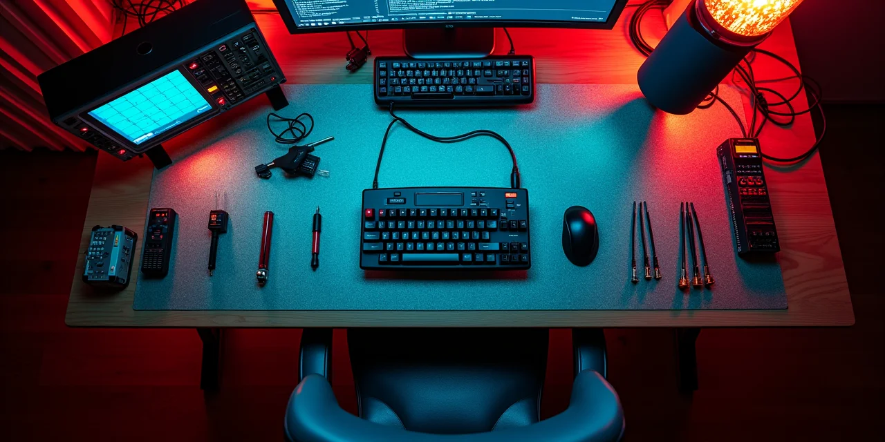A security red-team workbench with logic analyzer and organized probe cables