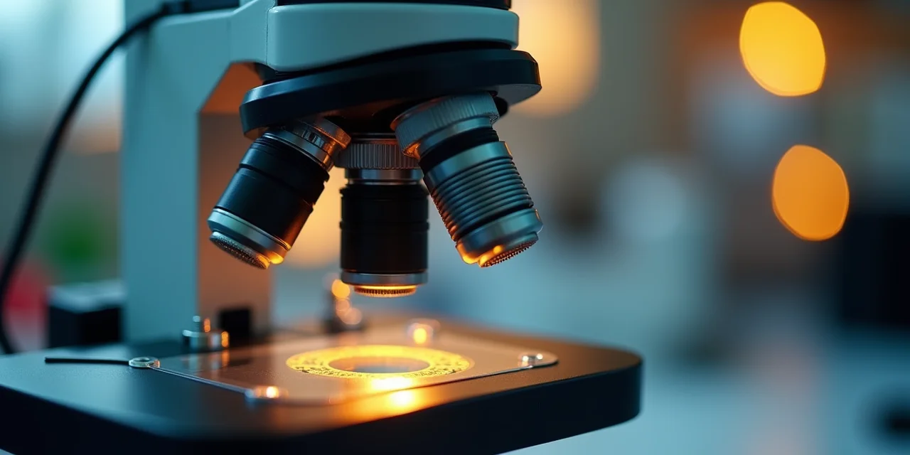 Compound optical microscope with three objective lenses on a rotating turret mid-rotation